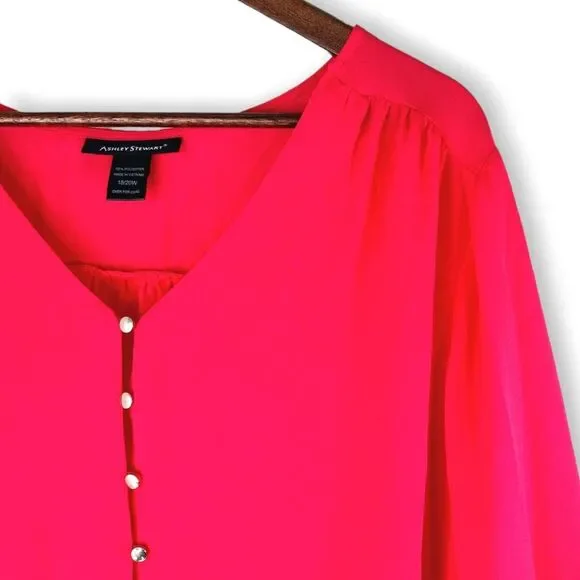 Ashley Stewart Hot Pink Flowy Button Down Bowtie Bishop Sleeves Blouse Sz 18/20W - Picture 2 of 10